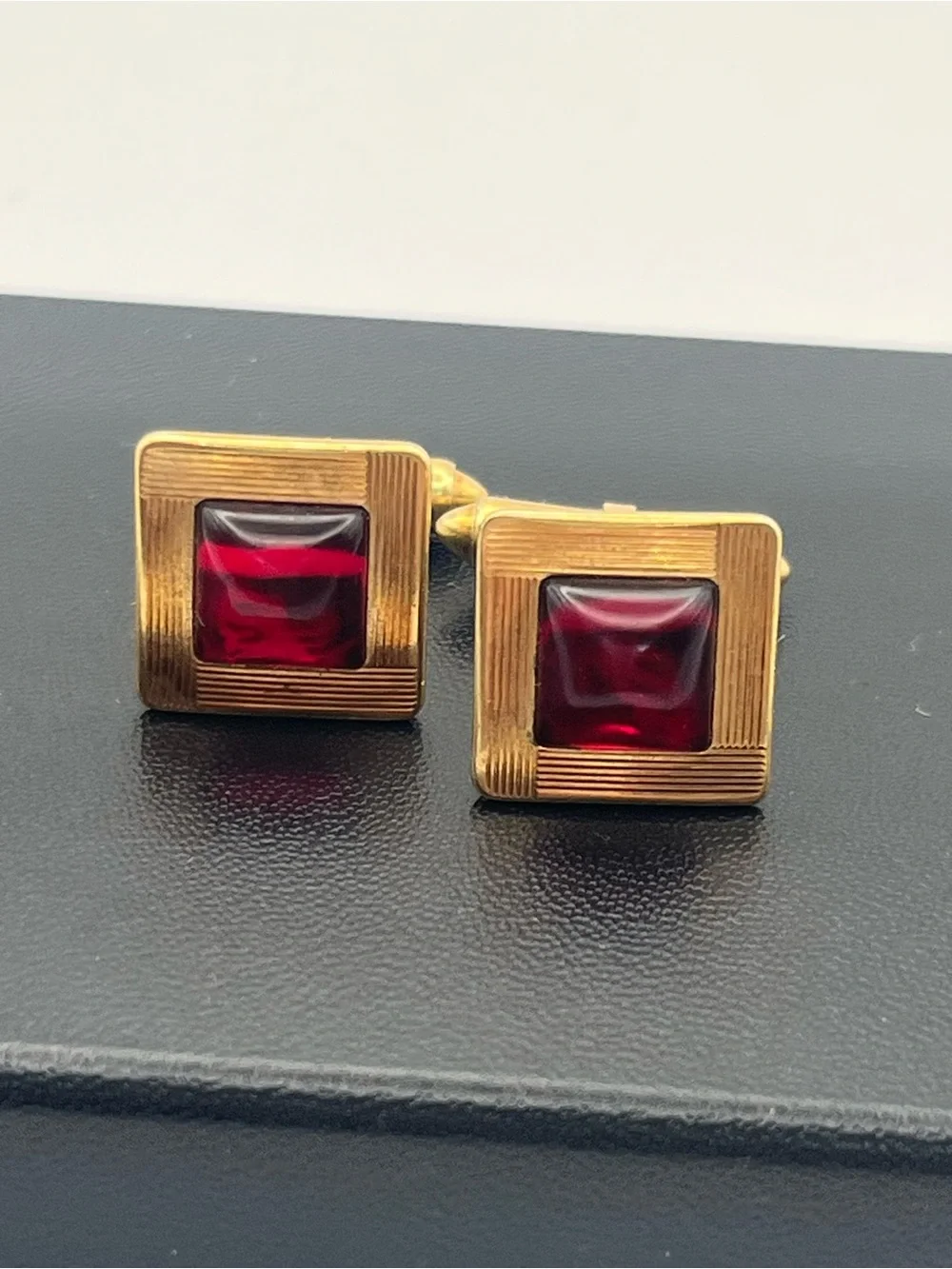 Krementz red lucite gold tone square textured vintage MCM cufflinks